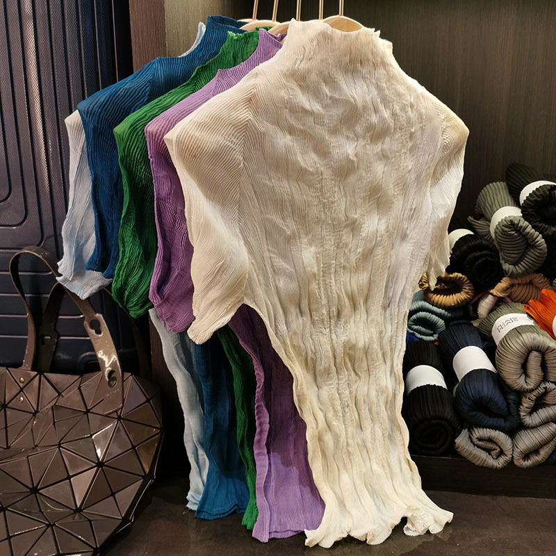 Summer New Thin Satin T-Shirt for WomenTexture High-End Casual Style Short Sleeve Half-High Collar Slightly Sheer Base