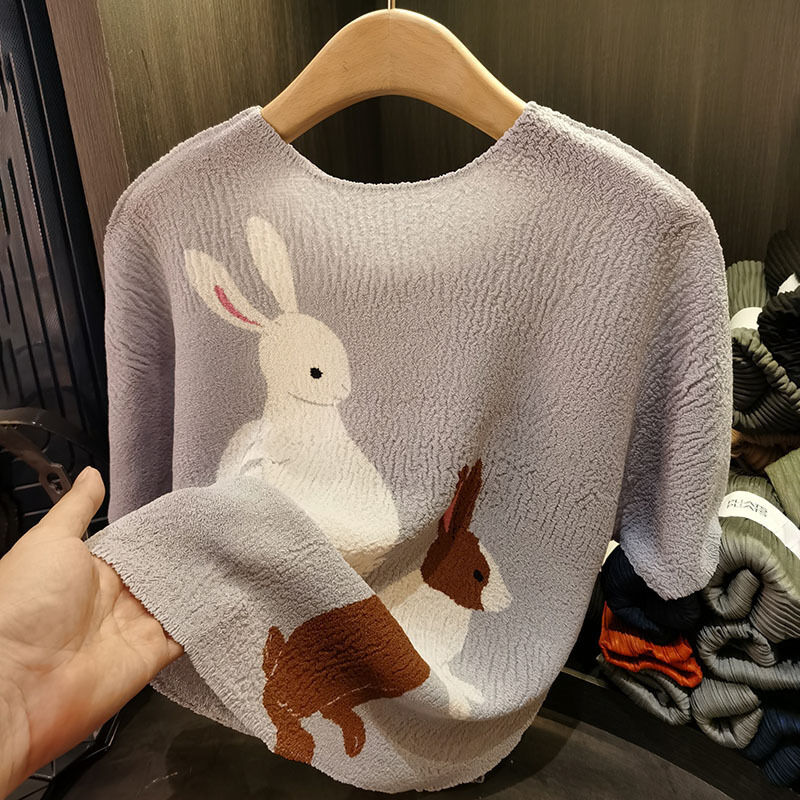 Women's High-End Elegant Short Casual Style Printed Rabbit T-Shirt Summer New Loose Slimming Plus Size Knitted Digital Printing
