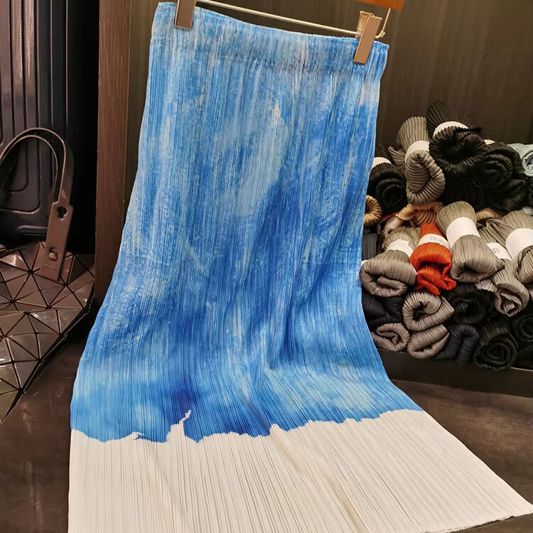 Women's High-Grade A-Line Midi Skirt Blue White Ink Contrast Printed Casual Summer Temperament All-Match Thin Blue White A- Line