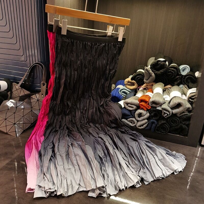 High-End Gradient Color Pleated A-Line Skirt Simple and Elegant New Style Versatile Long Skirt for Casual Summer Work Clothing