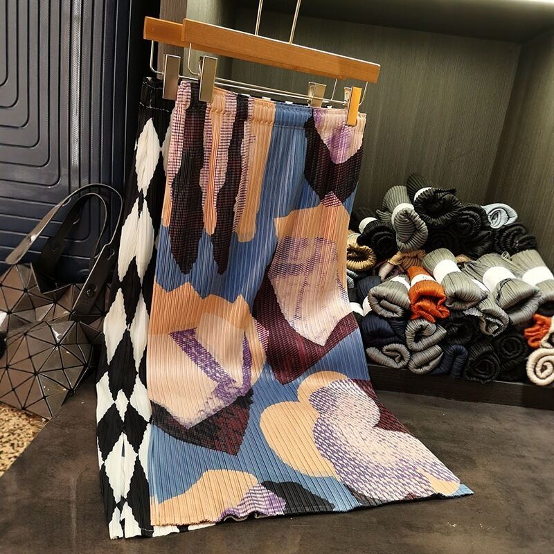 High-End Spring Summer A-Line Skirt New Style Pleated Colorful Printed Elegant Versatile Slimming Look Elastic Waist Chiffon