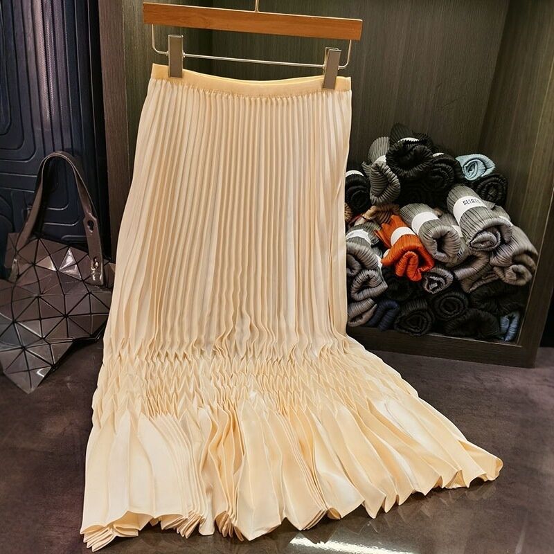 Women's New Style Casual Pleated Skirt Solid Color Simple Design with Elastic Waist for Commuting for Summer