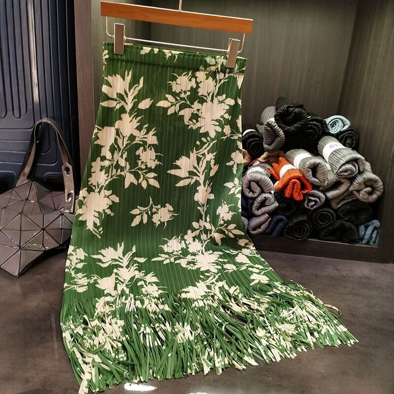 Women's New High-Waisted Chinese Style Floral Printed Midi Skirt Versatile Casual Hip Length Pleated Skirt for Summer