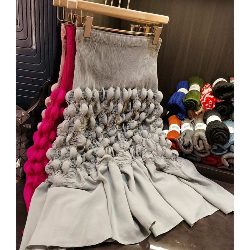 Design Women's Spring Midi Skirt Elegant Casual Bubble Pleated Elastic Waist Solid Color Chiffon Mid-Length Natural