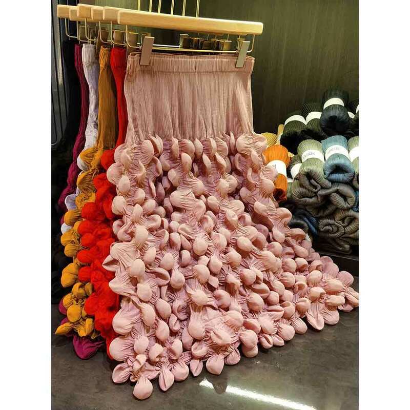 Women's Long 2025 Spring Fashion Skirt Solid Color Bubble Pleated with Embroidery and Ruffles Breathable Natural Waistline