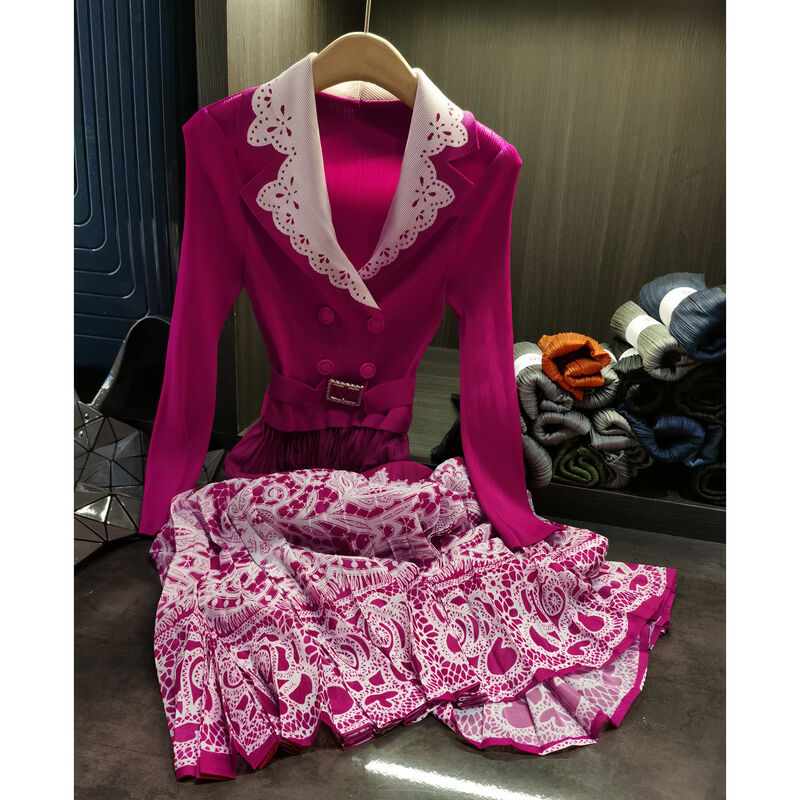 Niche Design Elegant Waist-Cinching Slimming Pleated Skirt Contrasting Print Floor-Length  Two-Piece Patchwork Featuring