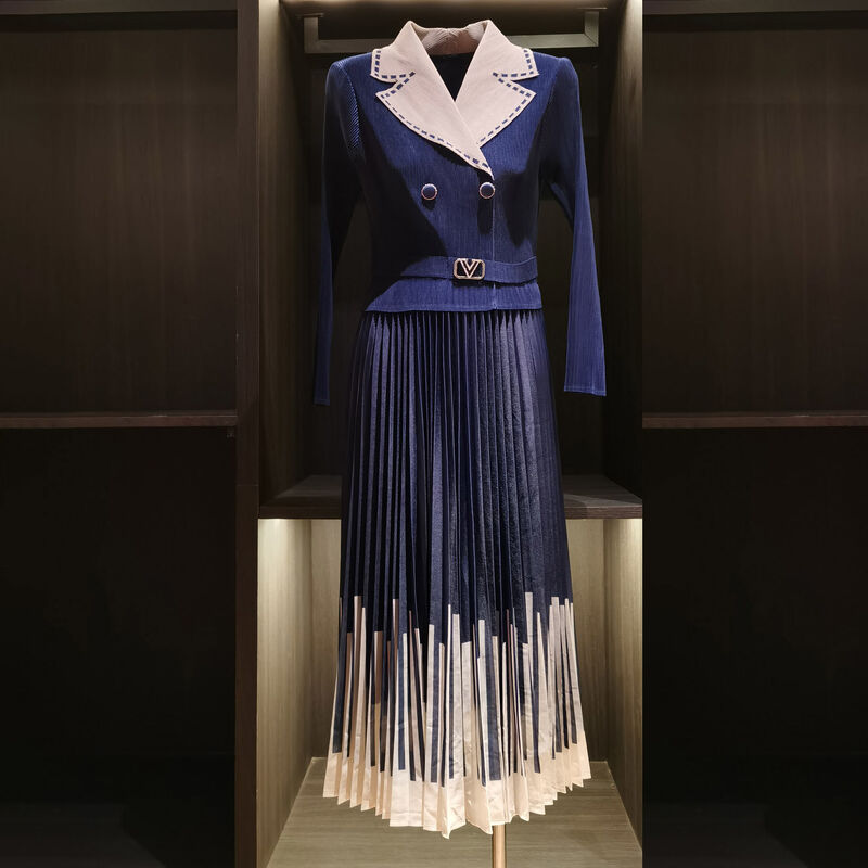 Autumn New Elegant Slimming Dress Waist-Cinching Design Pleated Skirt Collar Casual Midi Length Solid Color-Block Printed