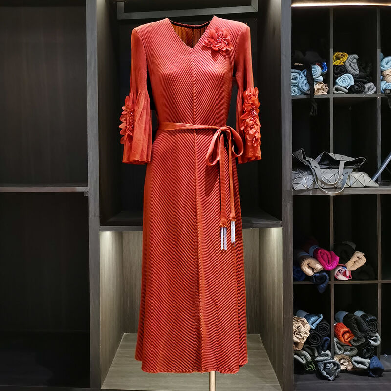 Autumn New Casual Plus Size Dress Elegant High Elasticity Fish Scale Pleated Belt Three-Dimensional Flower Lace Straight