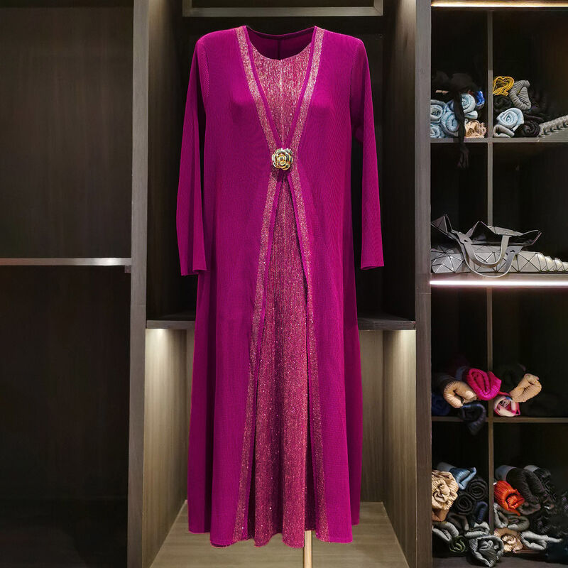 Autumn New Fashion Plus Size Women's Dress Elegant National Pleated  Two-Piece Loose Slimming Long Sleeve Casual Solid