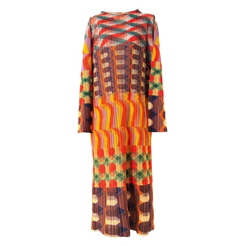 High end contrasting color printed round neck fashionable temperament casual long sleeved dress