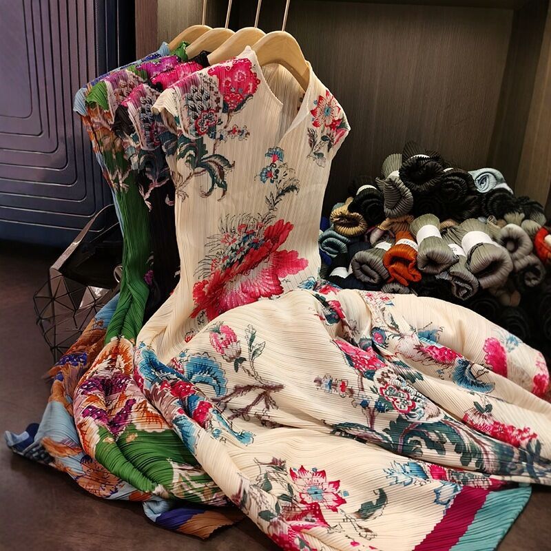 Women's Elegant Casual Floral Printed Midi Length Dress Slimming V-Neck Sleeveless Natural Waistline Woven Summer Style