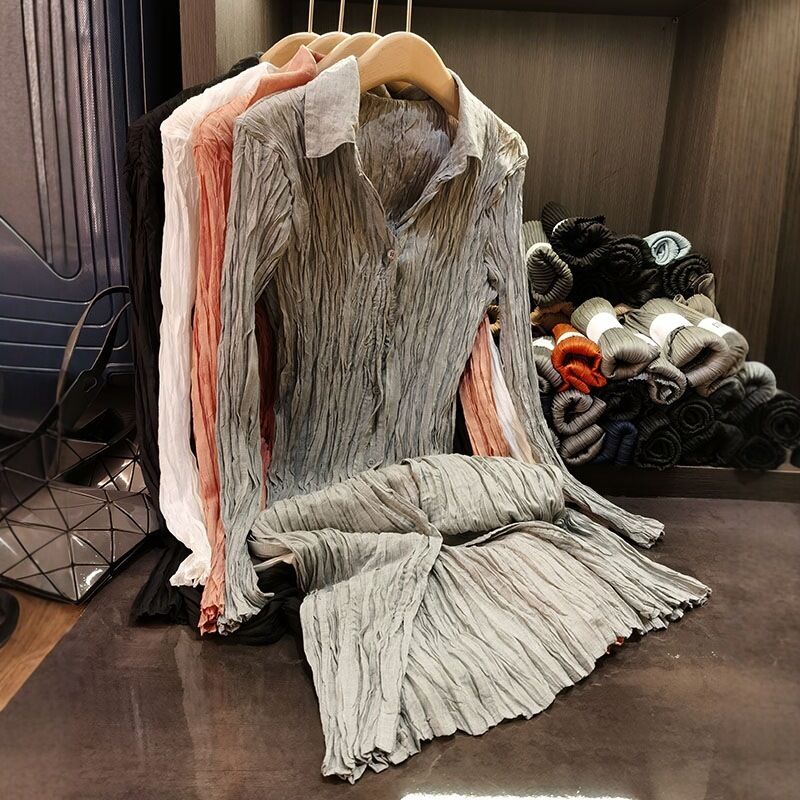 High-End Women's Summer Midi Dress Elegant Slimming Chiffon Turn-Down Collar Ruching New Elegant Casual Shirt Dress Solid