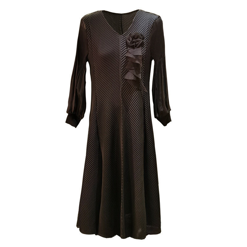 Versatile Design Solid Color Long Sleeve Midi Plus Size Fish Scale Pleated Slimming Three-Dimensional Front Button New Stylish