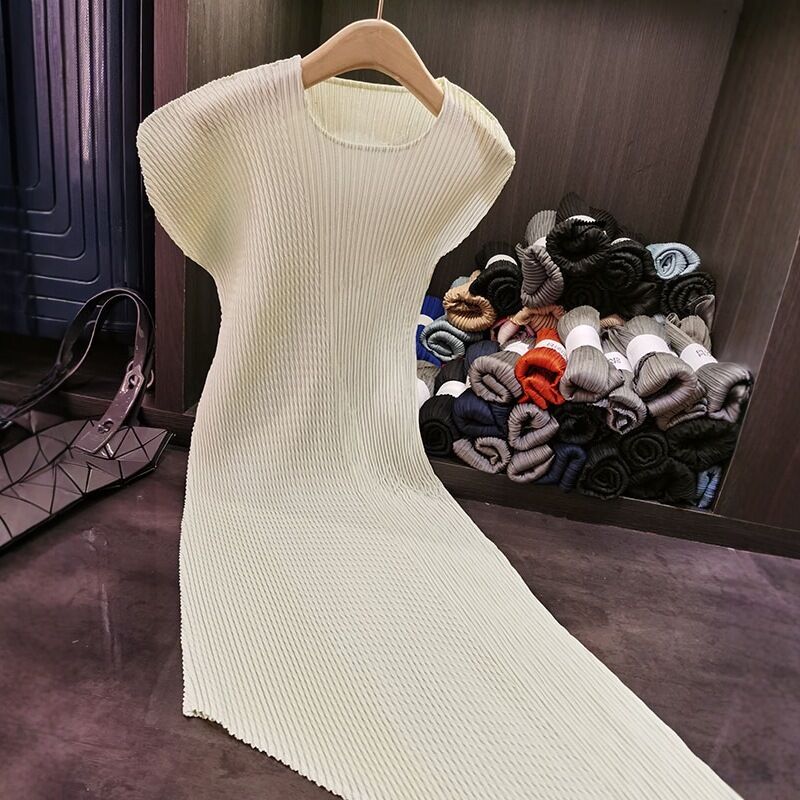 High-End Elegant A-Line Polyester Casual Solid Color Pleated Irregular Design Loose Slimming Neck Summer Niche Short Size XL