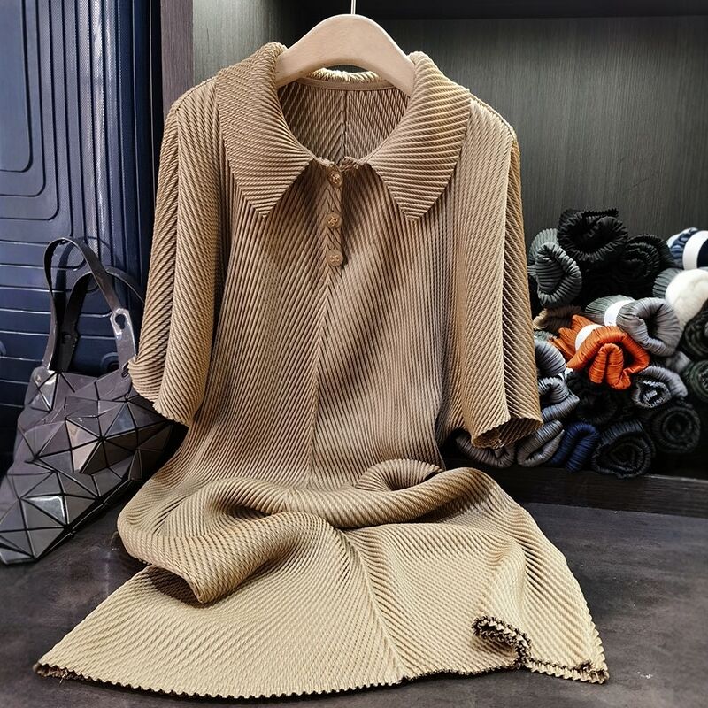Mid-Length Satin Skirt Elegant Casual Dragon Scale Pleated Lapel Pure Color Spring Summer New Dress Solid
