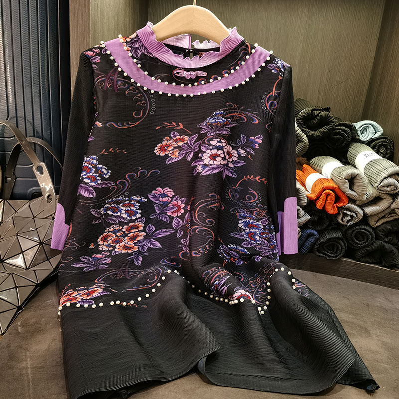 Mid-Length Dress New Chinese Loose Plus Size Beaded Print Casual Mid-Length Dress for Spring Slimming New