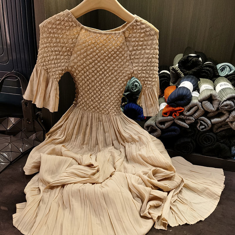 High-End Mid-Length Dress Versatile Temperament with Slimming Effect Solid Color Woven Plain Dyed