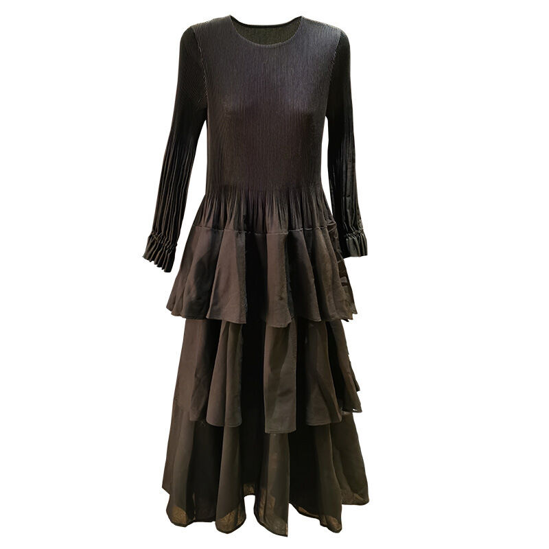 Women's High-End Elegant Pleated Cake Skirt Dress Age-Reducing Ruffle Casual Style Floor-Length Chiffon Long-Sleeved Neck