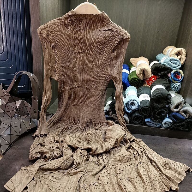 Inspired Women's Elegant Pleated Midi Dress High-End Satin with Natural Waist Cinching Long Sleeve Casual Style Size XS