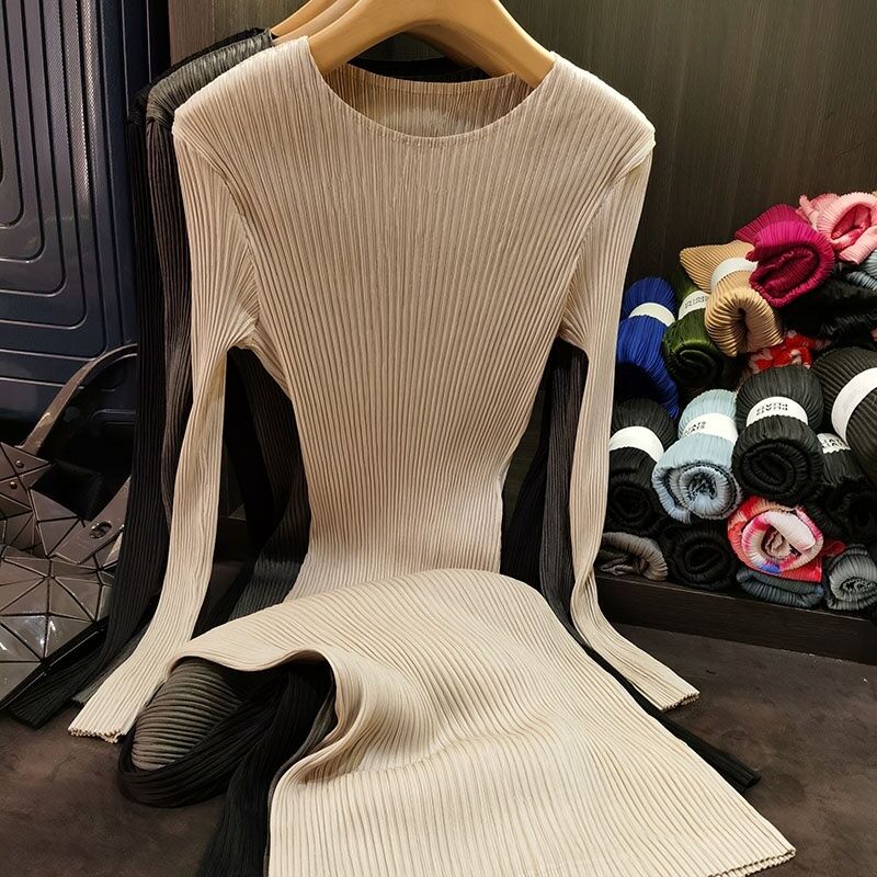 Women's High-End  Long-Sleeved Dress New Spring Fashion High-Elastic Mid-Length Skirt Casual Neck Solid Natural