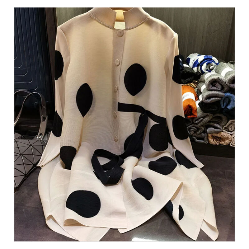 High End Three House Style Stand up Collar Polka Dot Loose Oversized Pleated Dress Single Breasted Shirt Skirt for Women's Sprin