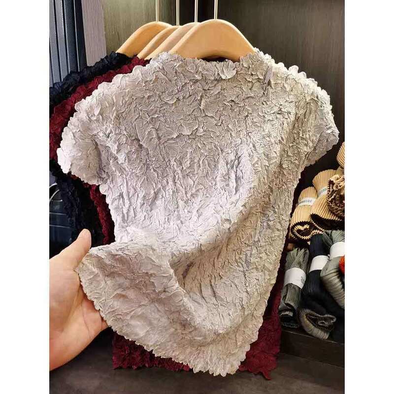 Sanzhai Summer New Style Versatile Slimming Solid Color Top Breathable Short-Sleeved T-shirt Simple Japanese Style Pleated