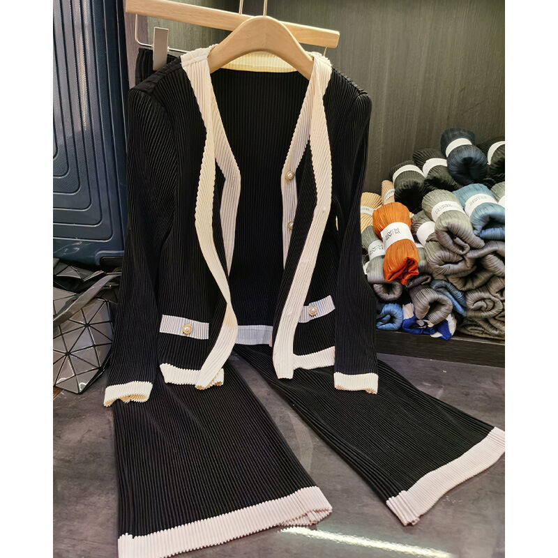 Sanzhai Women's New Fashion Daily Wear Two-Piece Set Contrast Color Pleated Cardigan Top Wide-Leg Pants Solid Design