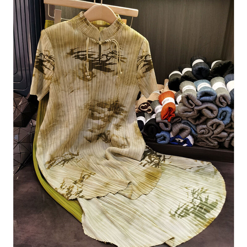 Sanzhai New Fashion Outfit Two-Piece Set Chinese Style Retro Stand Collar Button Top Dress Wide Leg Pants for Women Casual