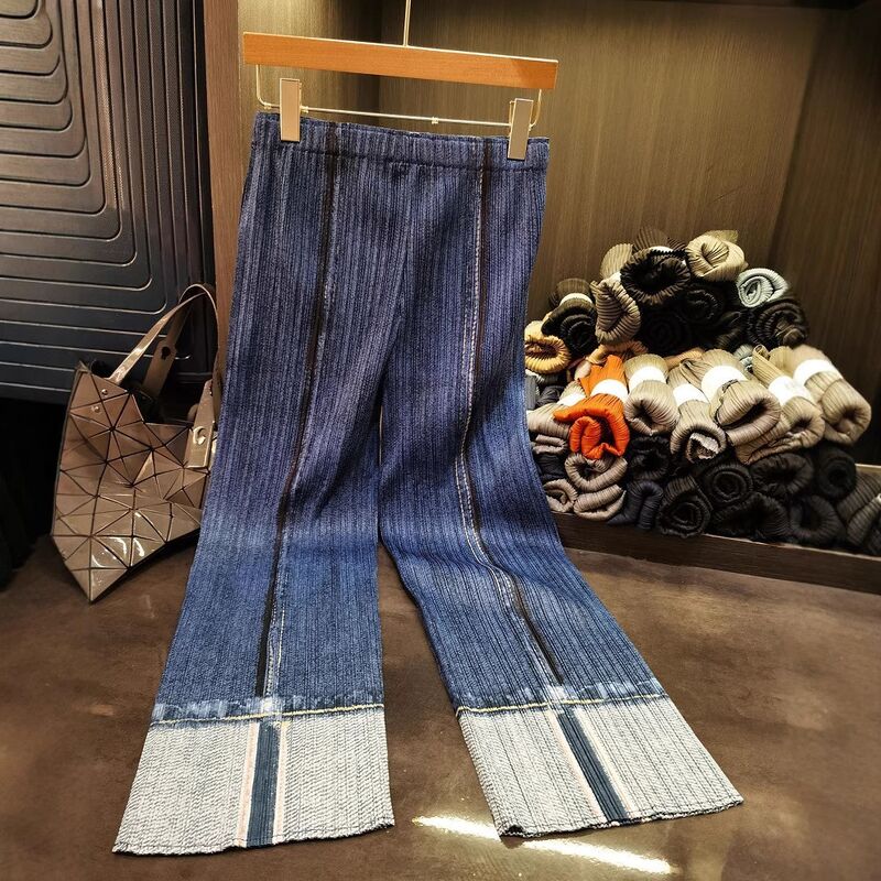 Women's Summer New Style Pleated Faux Denim Print Color-Block Straight-Leg Pants Fashionable Simple Elastic Waist Loose