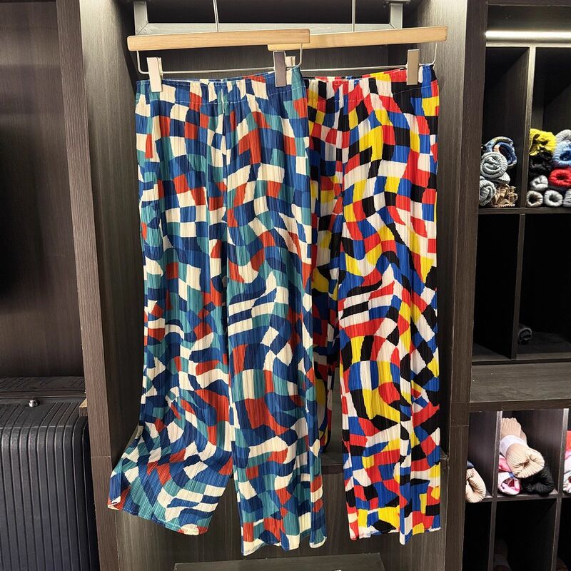 High end contrasting color printed pleated summer new style temperament versatile slimming straight leg casual pants