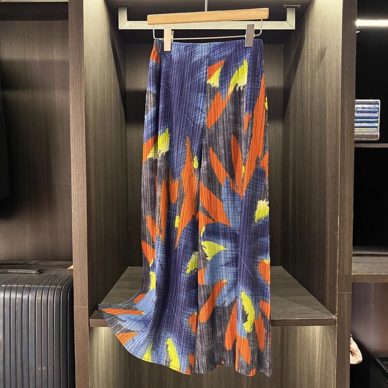 Autumn New Designer Classic Print Pleated Casual Pants Breathable High Waist Elastic Flat Front Wide-Leg Slimming Pants