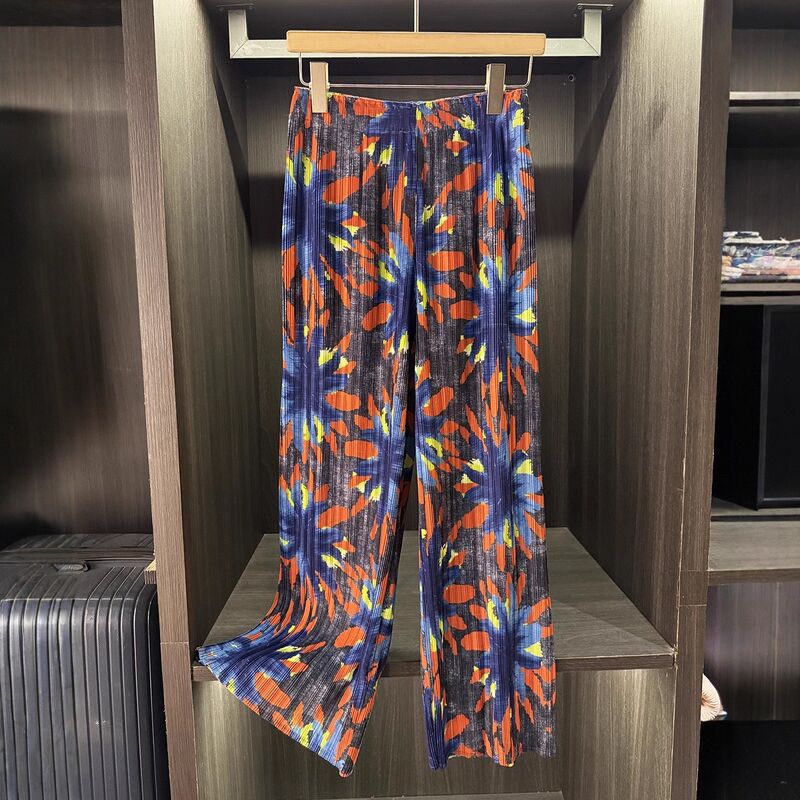 Autumn New Style Women's Casual Pants Unique High Waist Print Design Color-Blocking & Pleated Versatile Slimming Wide-Leg Style