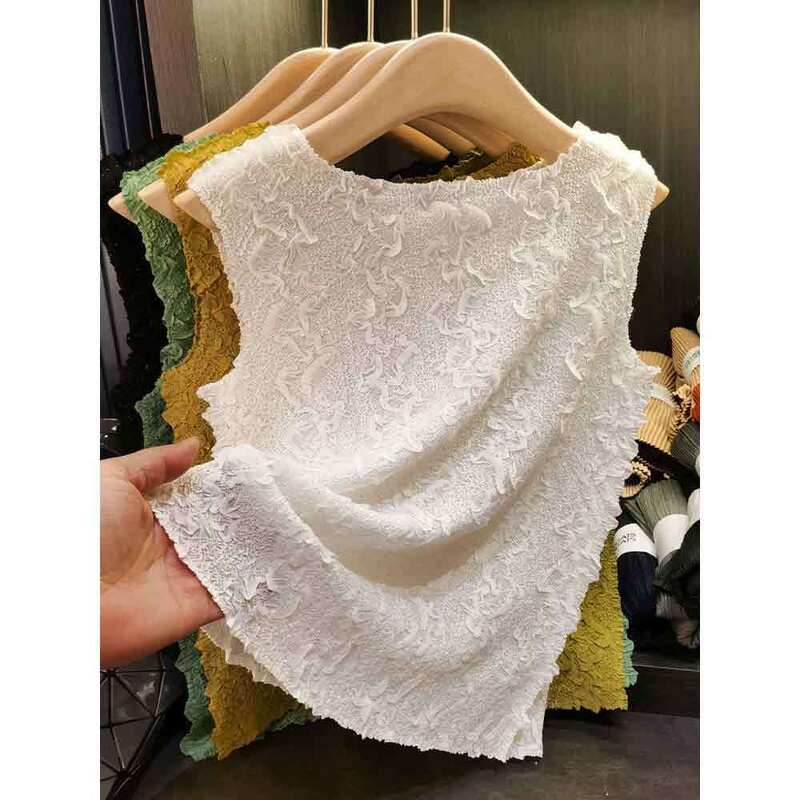 High Elastic Comfortable Sequined Floral Printed  Pleated Sleeveless T-shirt Summer New Women's Vests & Waistcoats
