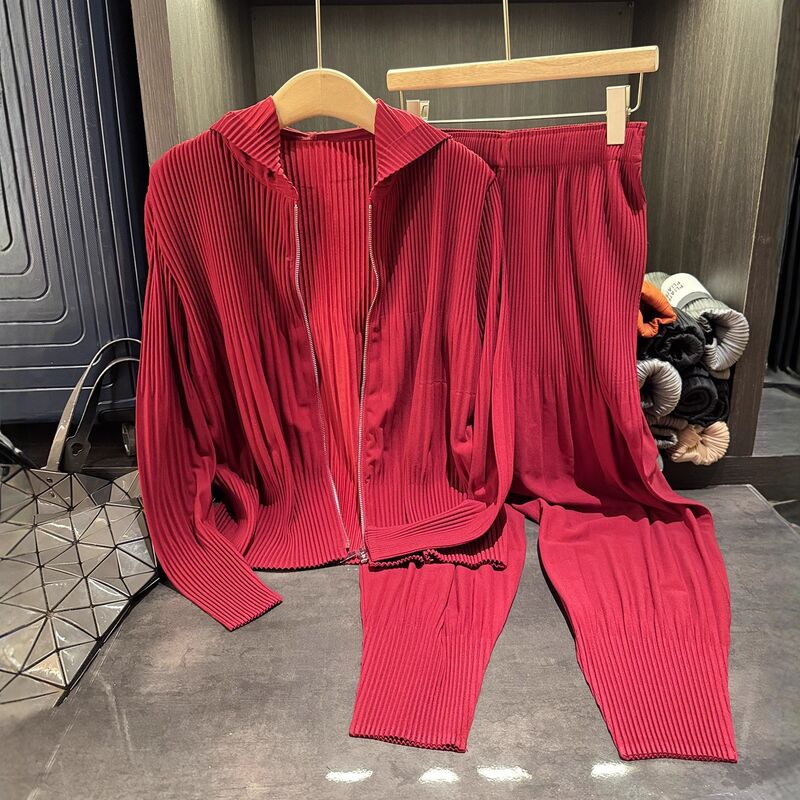 Autumn Style Women's High-End Two-Piece Set Solid Color Zipper Hooded Pleated Suit Long Corduroy Large Size Harem Pants Button