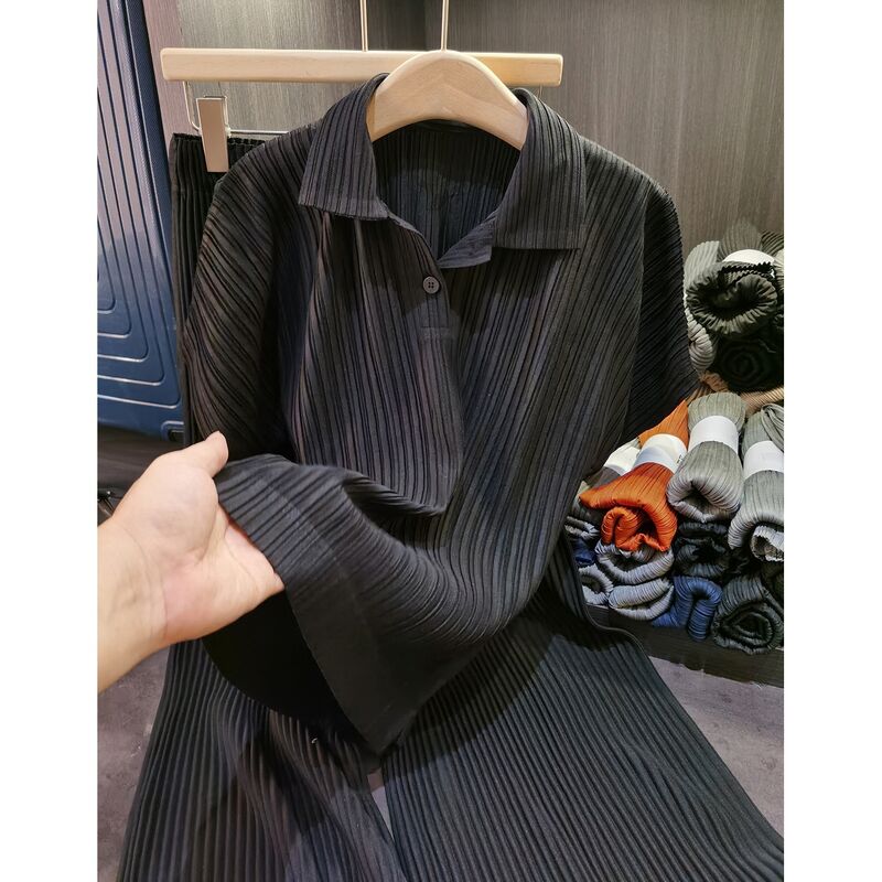 Women's New Casual Slim Two-Piece Set French Foreign Style Short Sleeve Pleated Lapel Suit Solid Color Woven Texture for Autumn