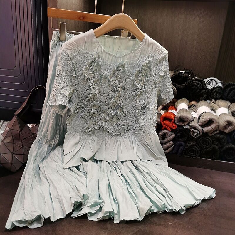 High-End Casual Two-Piece Set Fashionable Pleated Top Skirt Solid Color Short Sleeve Handmade Chiffon Digital for Summer