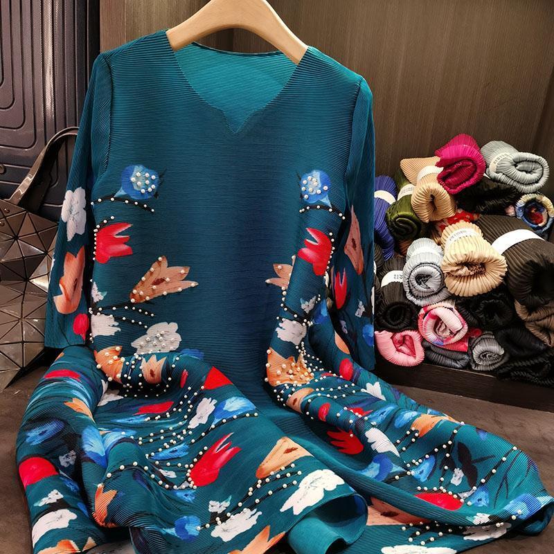 Spring new fashionable pleated dress V-neck western-style printed loose plus size skirt