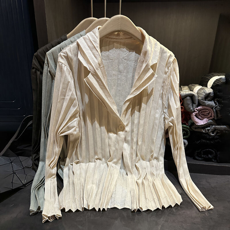 High-end Korean Style Pleated Solid Color Single Button Breathable Blazer Elegant Casual Lazy Atmosphere Slimming Cardigan for