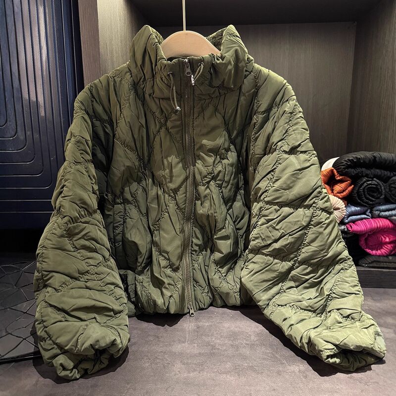 Advanced Japanese Style Solid Color Diamond Pleated Cotton Jacket Stand Collar Long Sleeves Winter Rabbit Fur Casual Zipper