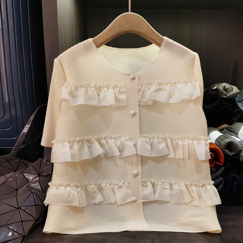 High-End Korean Style Women's Summer Cardigan Sweet Ruffled Neck Short-Sleeved Jacket Casual Slimming Single-Breasted Coat