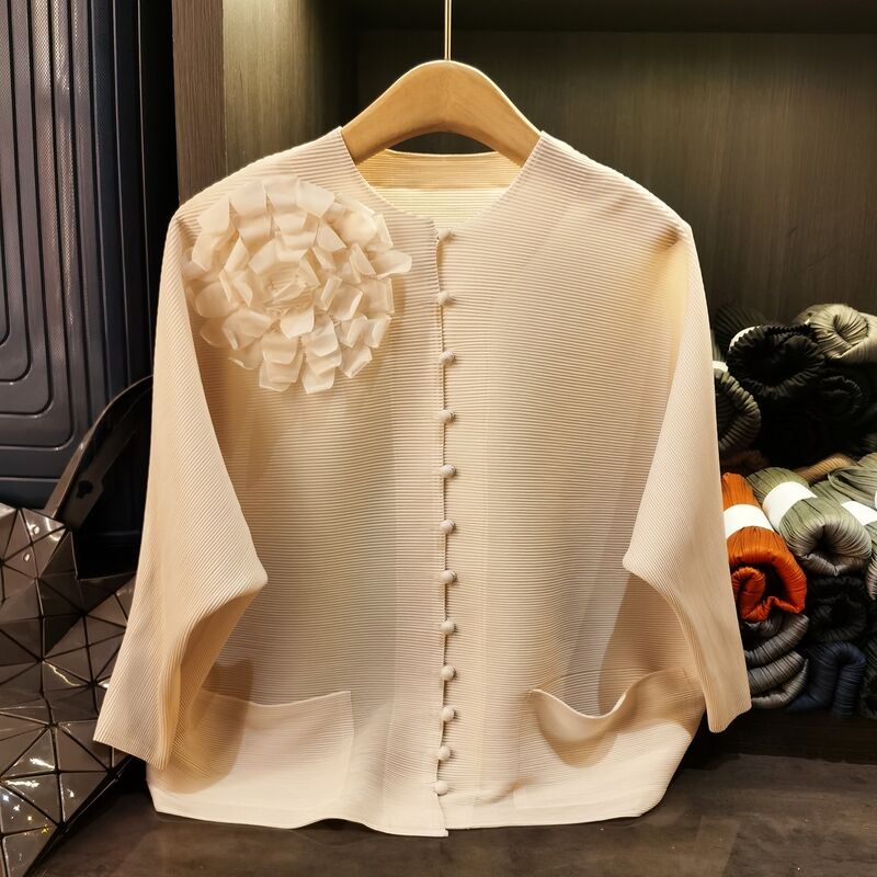 Elegant Solid Color Three-Dimensional Floral Single-Breasted Multi-Button Short Jacket High Quality Women's Casual Slim-Fit Top