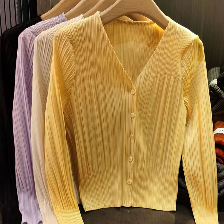 Korean Style Women's V-Neck Cardigan High-End Solid Color Breathable Casual Spring Summer New Short Long Sleeve Coat All-Match