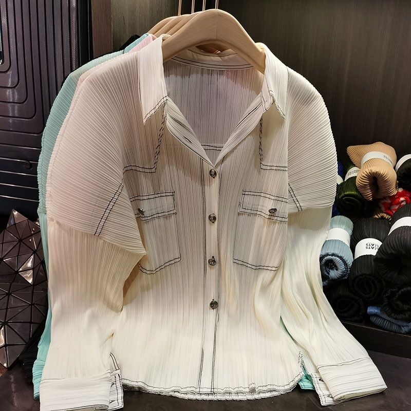 Women's Elegant Slimming Single-Breasted Age-Reducing Shirt Solid Color Pleated Button New Pocket Knitted Polyester