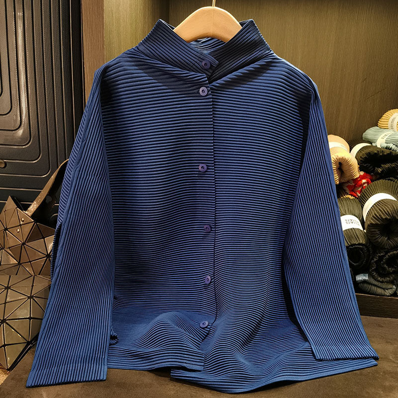 Miyake Japanese Style Women's Long Sleeve Coat Half Turtleneck Solid Color New Casual Loose Slimming Plus Size Thin Autumn