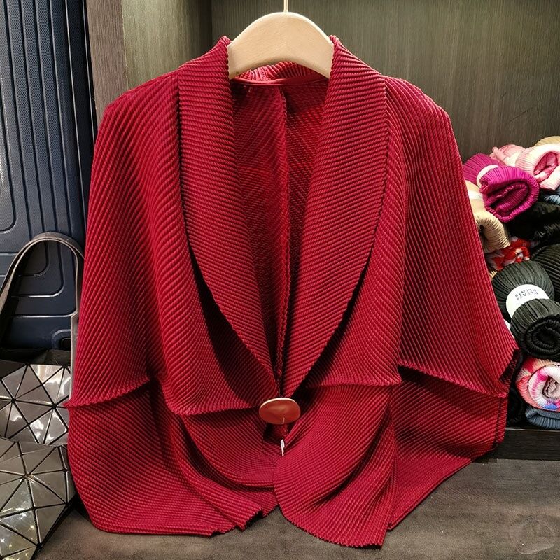 High-End Women's Elegant Cardigan Top Dragon Scale Pleated Loose Slim Lapel Casual Long Length Pure Chiffon Polyester Nonwoven