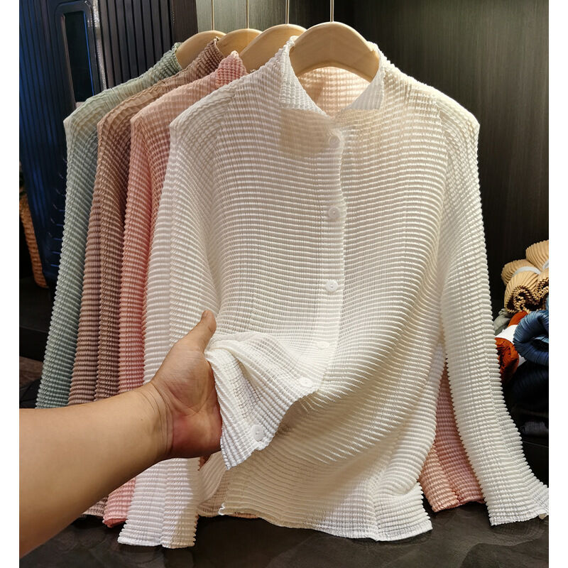 2025 Women's Spring Collection Breathable Sun Protection Casual Single Breasted Shirt with Pleated Stand-Up Collar Long Sleeves