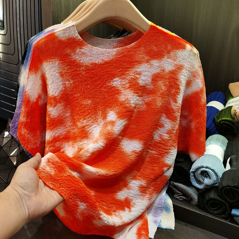 Women's Summer Elegant and Versatile Short-Sleeved T-Shirt Tops Casual Tie-Dye with Slimming Loose Fit