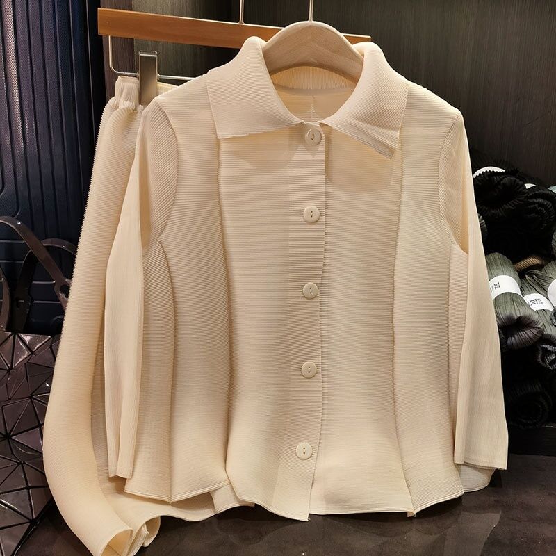 High-End Women's Two-Piece Set Elegant Age-Reducing Pure Color Single-Breasted Pleated Skirt Lapel Casual Suit Knee Solid