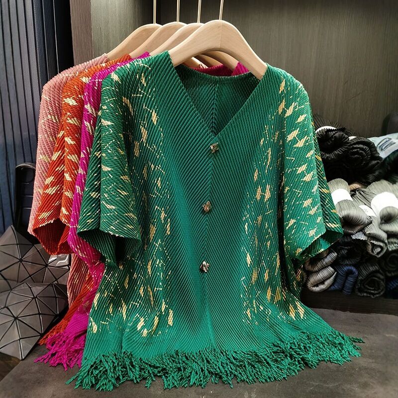 Summer New Fish Scale Pleated Print V-neck T-shirt Elegant Commuter Loose Casual Versatile Top Knitted Fabric