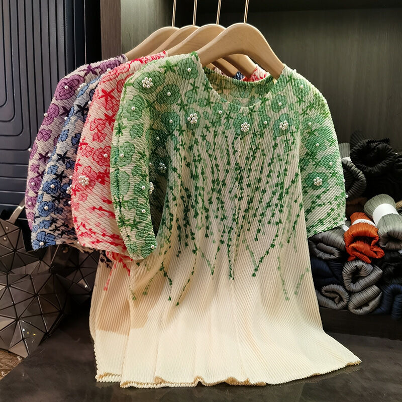 Women's Summer Thin Heavy Duty Nail Bead Printed Loose Look, Small and Fresh Literary Forest Women's T-shirt, Women's Top